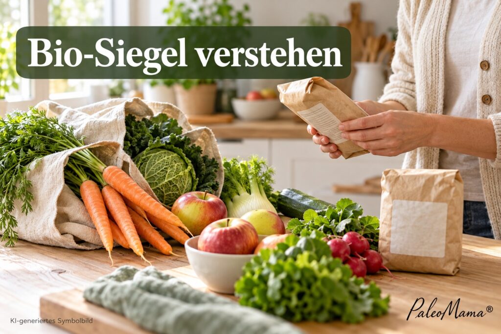 Gemüse und Einkaufstasche auf einer Küchenarbeitsplatte; eine Person liest ein Etikett. Titel: Bio-Siegel verstehen.