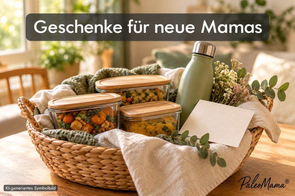 Geschenkkorb mit Essen und einer Trinkflasche fürs Wochenbett