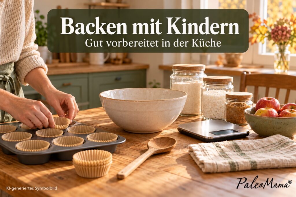 KI-generiertes Symbolbild einer vorbereiteten Familienküche mit Muffinförmchen und dem Titel Backen mit Kindern.