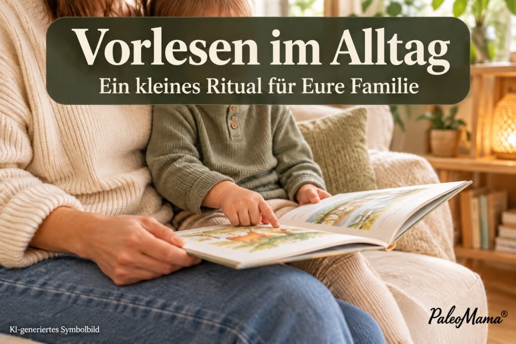KI-generiertes Symbolbild: Erwachsene und Kind betrachten ein Bilderbuch; darüber der Titel Vorlesen im Alltag.