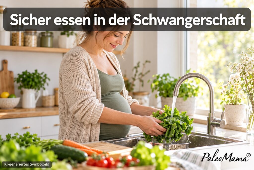 Schwangere wäscht Gemüse in einer hellen Küche